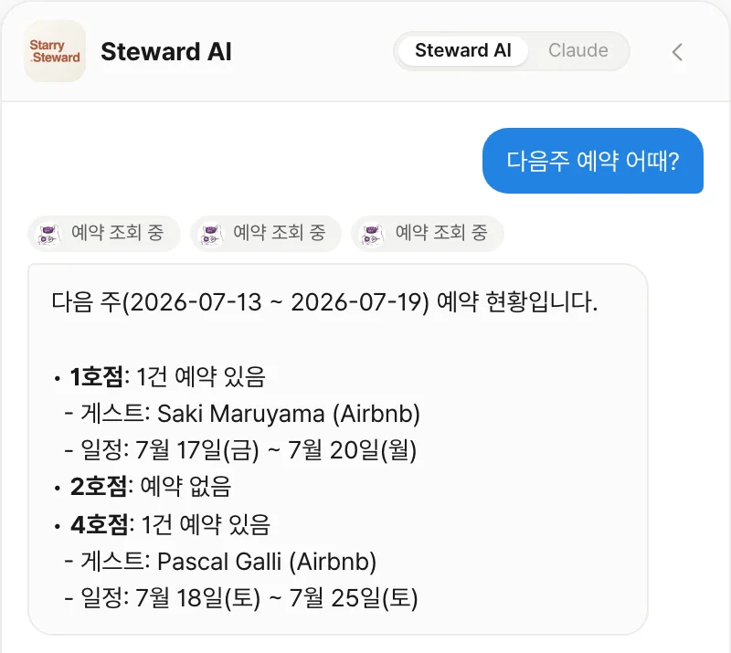 Steward AI 대화 — 다음주 예약 질문과 지점별 실데이터 답변